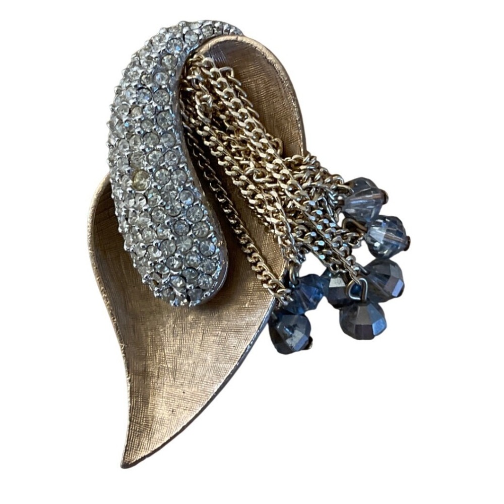 Vintage De Mario Leaf Brooch Rhinestone Crystal Tassel Glam Elegant Mid-Century